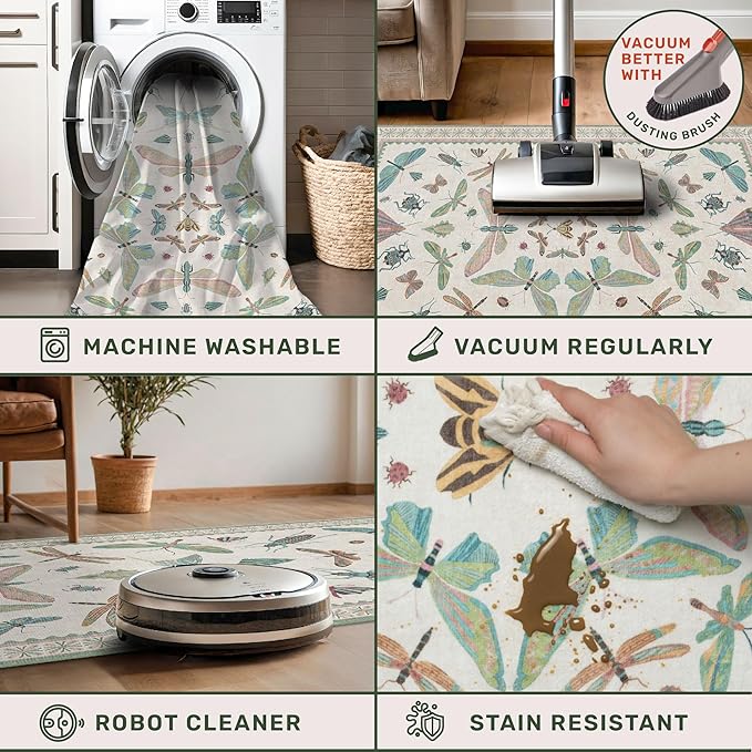 Green Butterfly Rugs for Girls Bedroom - 8x10 Floral Area Rug for Living Room, Dining Room Under Kitchen Table, Washable Lightweight Insect Print Large Carpet Indoor