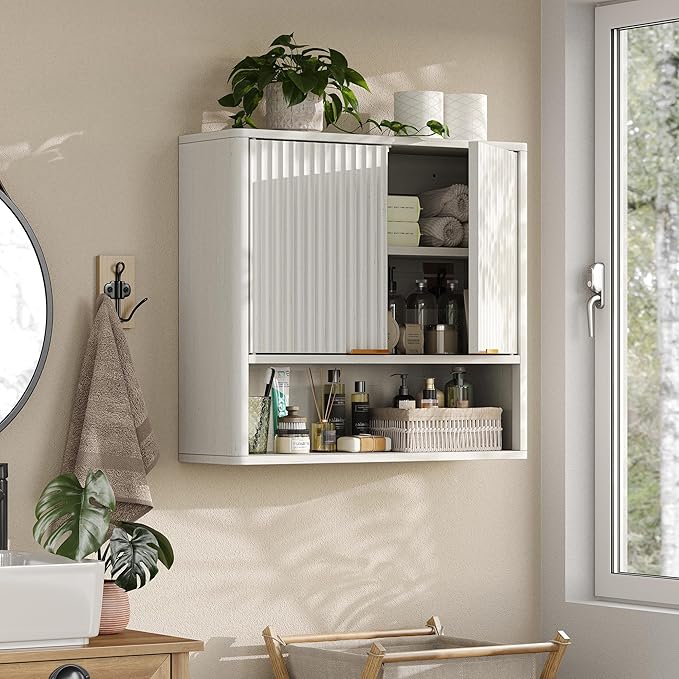 Furnideco Bathroom Medicine Cabinet with Fluted Doors, 3-Tier Modern Wall Cabinet Over Toilet, Small Hanging Storage Cabinet for Bathroom, Antique White