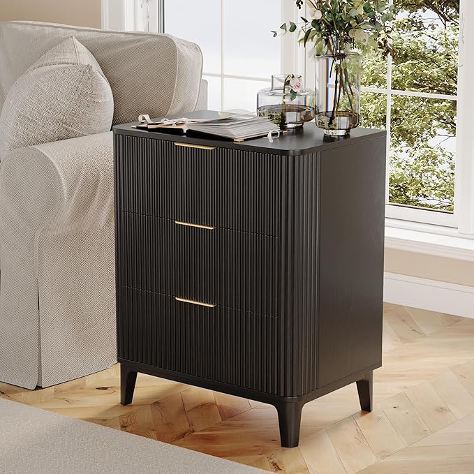 3 Drawer Nightstands Set of 2, 22.6" Mid Century Modern Night Stand, Large 3 Drawers Bedside Table with Quiet Drawers & Metal Handles, Fluted 3-Drawer Dresser Rustic Wood End Table Bedroom Black