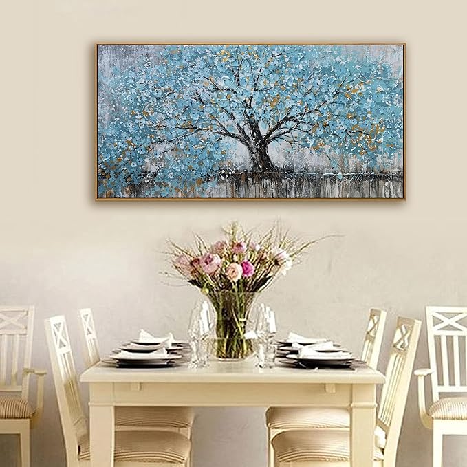 Wall Art Teal Blue Nature Tree Of Life Abstract Canvas Painting Textured Picture Modern Wall Art Landscape Artwork Framed For Living Room Bedroom Bathroom Office Home Decor 20"X40"Painting