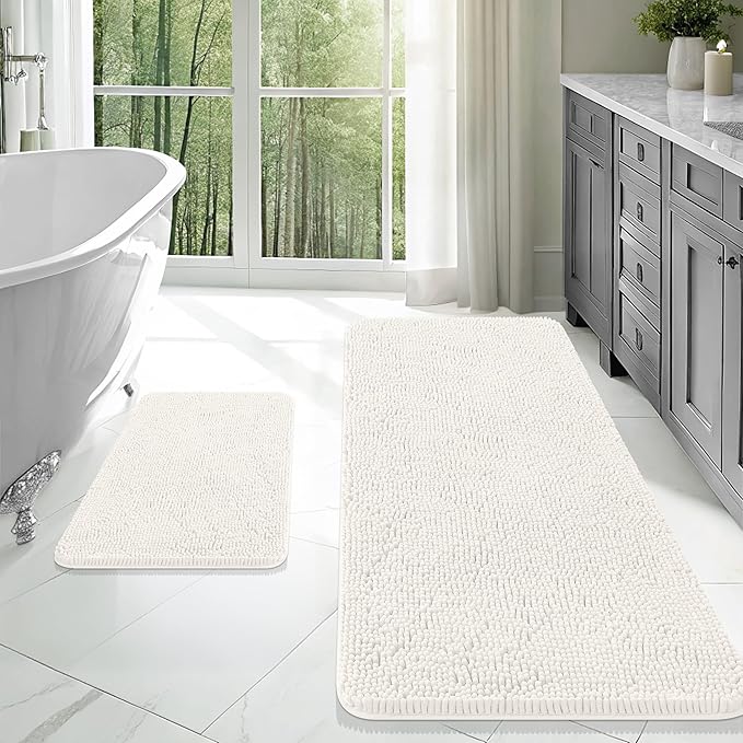 OLANLY Bathroom Rugs Sets 2 Piece, Soft Absorbent Chenille Bath Mats Area Rug Set, Non-Slip, Quick Dry, Machine Washable Bath Mats for Bathroom, Home Decor Accessories (47"x20"+24"x16", Ivory)