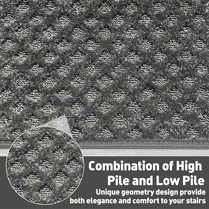 PURE ERA Bullnose Carpet Stair Treads Set Tape Free Non-Slip Indoor Stair Protectors Pet Friendly Rugs9.5" x 30"(14 Pieces,Grey Mini-Diamond Trellis)