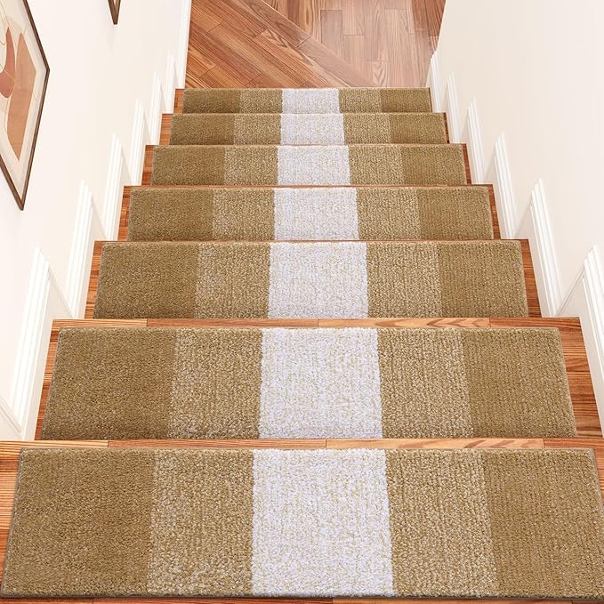 OLANLY Stair Treads Non Slip 15PCS, 8" x 30" Indoor Stair Runners for Wooden Steps, Edging Stair Rugs with Reusable Peel and Stick Adhesive for Kids Elders and Pets, Camel