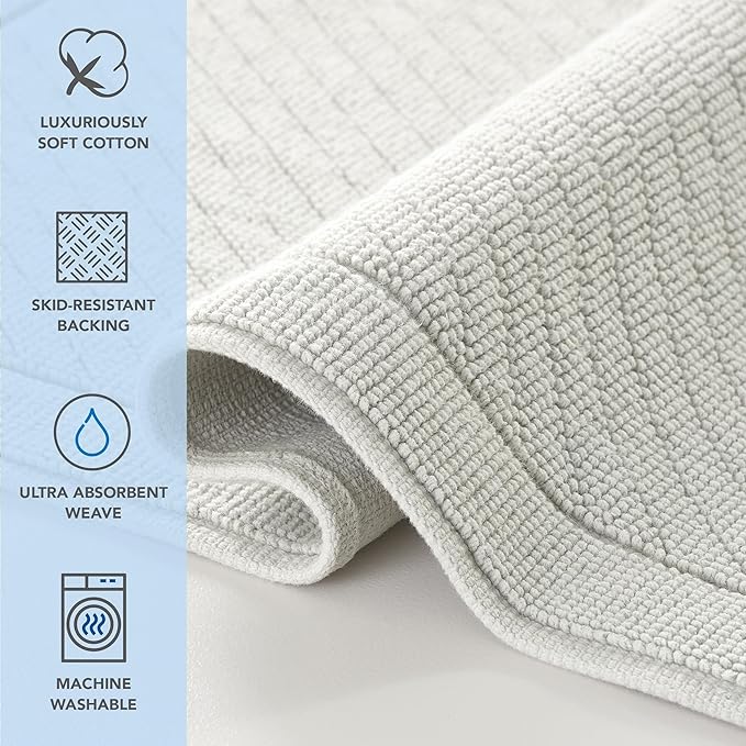 Arkwright 100% Cotton Bathroom Rug - High Absorbent Stylish Textured Woven Design Bath Mat, Slip Resistant Backing for Shower and Bathtub Floor, 20x32 in - Grey