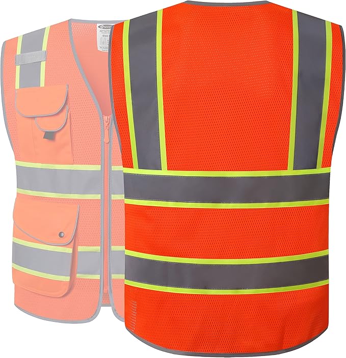 JKSafety 9 Pockets Hi-Vis Reflective Safety Vest | Mesh Fabric | Fluorescent Orange Color with Neon Yellow Extended Trims | ANSI/ISEA Compliance (100-Orange, 3XL)