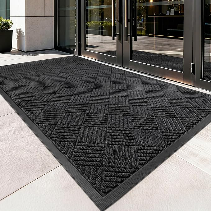 Front Door Mat, Heavy Duty Indoor Outdoor Doormat, 48" x 36" Low Profile Outdoor Mats for Home Entrance, Stain and Fade Resistant Welcome Mat Ideal for High Traffic Area, Diamond Black