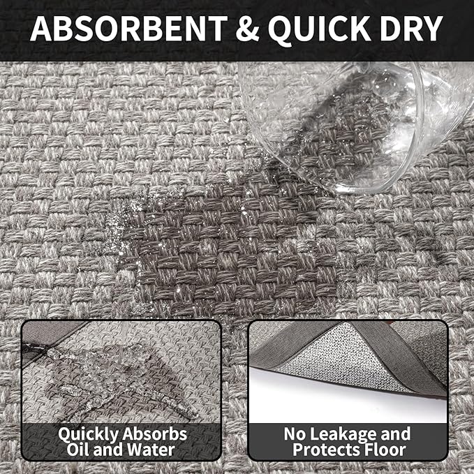 Kitchen Rugs Non Slip Washable, Super Absorbent Kitchen Mats for Floor, Rubber Backing Jute-Like Braid Kitchen Sink Mat Runner Rug Standing Mat, Easy to Clean, Gray 17"x47"