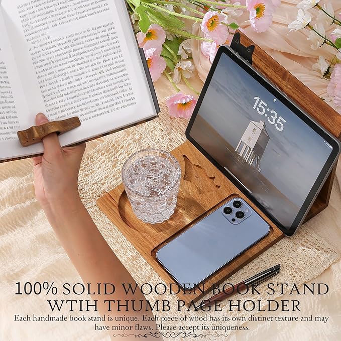 Book Holder Stand for Reading Rest, Wooden Foldable Book Rest with Book Page Holder, Cup, iPad & Phone Stand, Book Nook Reading Valet Desktop Triangle Bookstand Bookshelf for Readers Bookworms Gifts