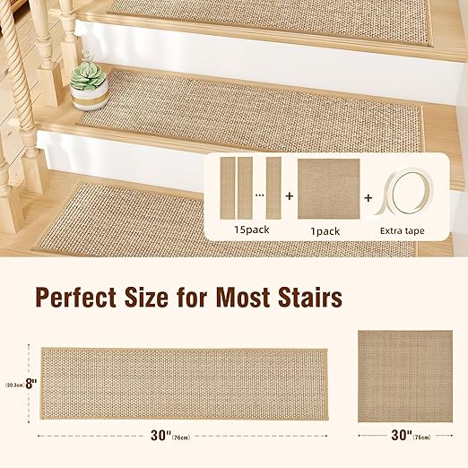 15pcs Stairs Treads and 1 Landing Carpet, Breathable Chenille Stair Carpet Non Slip for Wooden Steps Rubber Backing Stairs Runner Indoor Treads Stair Covers Mat 8"X30" and 30"X30"