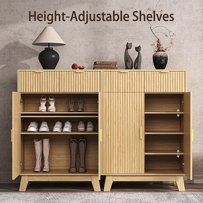 Fluted Shoe Cabinet, 4-Tier Mid Century Modern Narrow Shoe Storage Cabinet with Doors & 2 Drawers, Adjustable Shelves, Freestanding Hidden Shoe Rack Organizer & Wooden Legs for Entryway