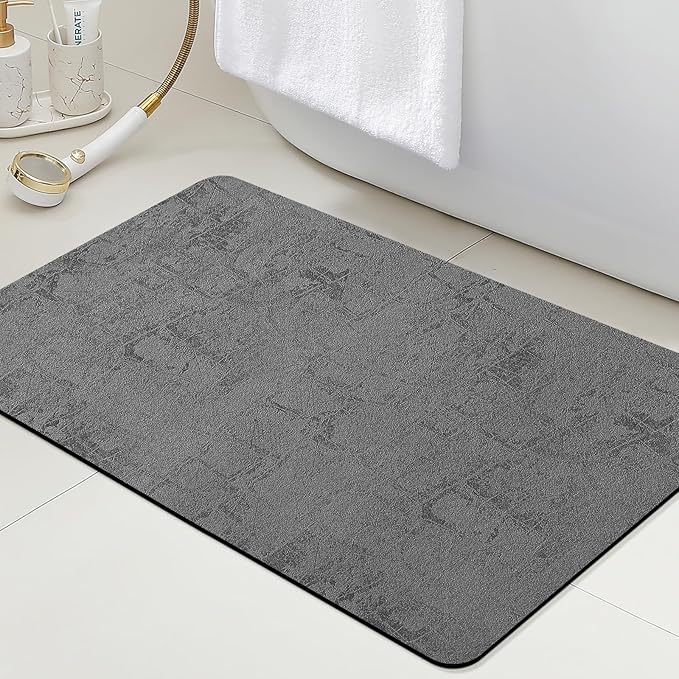 ACCUMTEK Ultra Thin Bath Mat, Upgrade Backing Non Slip Thin Bath Mats Fit Under Door, Quick Dry Ultra Absorbent Bathroom Rugs, Machine Washable Bath Rugs for Bathroom, Charcoal Gray/Checkered/24 x17