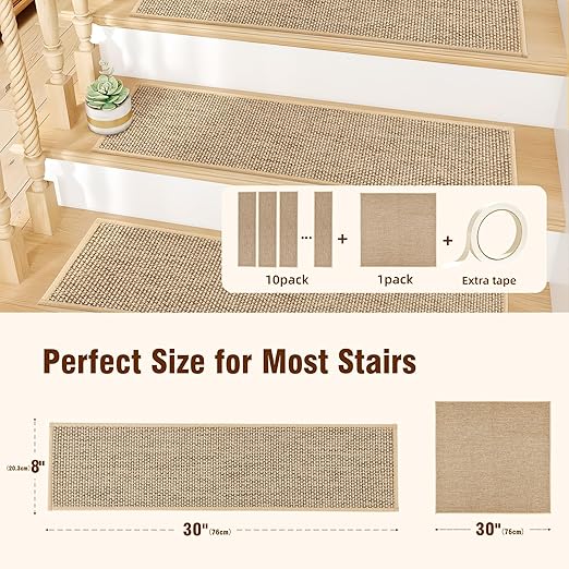10pcs Stairs Treads and 1 Landing Carpet, Breathable Linen Stair Carpet Non Slip for Wooden Steps Peel and Stick Stairs Runner Indoor Self-Adhesive Treads Stair Covers Mat 8"X30" and 30"X30"