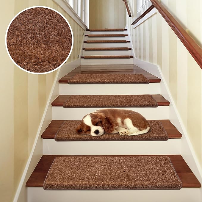 PURE ERA Bullnose Carpet Stair Treads Set Tape Free Non-Slip Indoor Stair Protectors Pet Friendly Rugs Covers Soft Skid Resistant Washable Reusable 9.5" x 30"(7 Pieces,Brown)