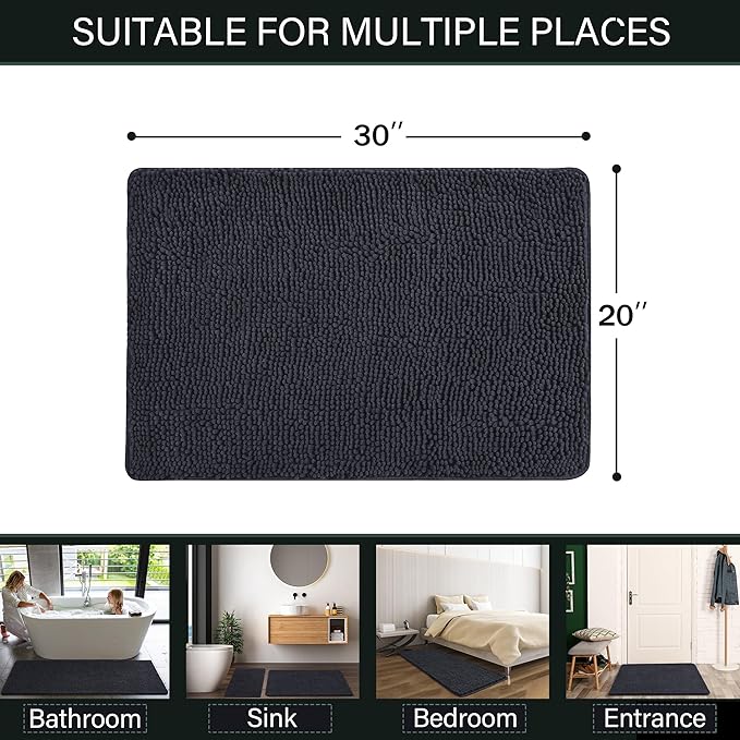 LOCHAS Luxury Bathroom Rug Shaggy Bath Mat 20 x 30 Inch, Washable Non Slip Bath Rugs for Bathroom Shower, Soft Plush Chenille Absorbent Carpets Mats, Dark Grey