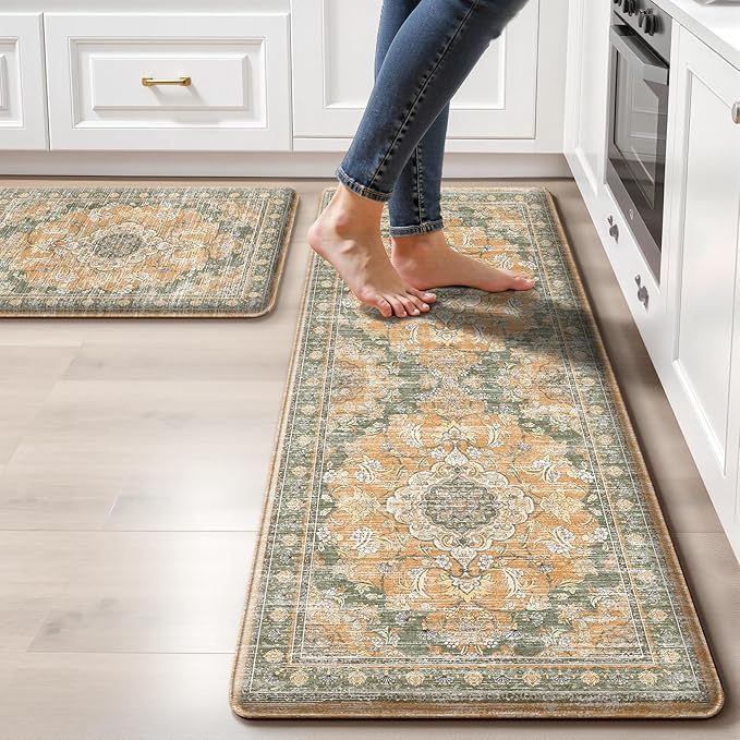 Boho Kitchen Mats for Floor 2 Piece Set Anti Fatigue Cushioned PVC Kitchen Rugs Non Slip Waterproof Farmhouse Mats 2/5 Inch Comfort Standing Mat for Sink, Laundry, 17.3"x59"+17.3"x28", Green Orange