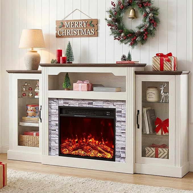 70“ Fireplace TV Stand, 4800 BTU Electric Fireplace with Mantel, Farmhouse Style Wooden TV Console Entertainment Center with Storage, Remote Control, Heating for Living Room, Bedroom, White