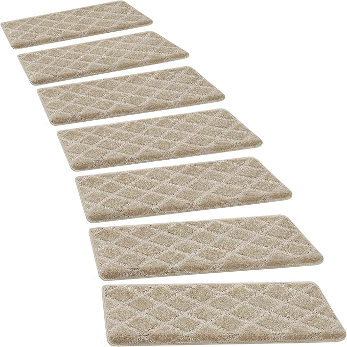 PURE ERA Bullnose Carpet Stair Treads Tape Free Non-Slip Indoor Stair Protectors Pet Friendly Stair Treads for Wooden Steps 9.5" x 30"(7 Pieces, Cream Gray Diamond Trellis)
