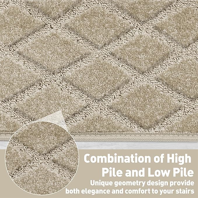 PURE ERA Bullnose Carpet Stair Treads Tape Free Non-Slip Indoor Stair Protectors Pet Friendly Stair Treads for Wooden Steps 9.5" x 30"(2 Pieces, Cream Gray Diamond Trellis)