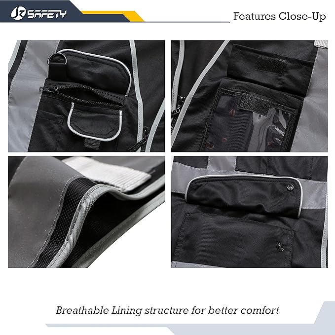 JKSafety 9 Multi-Functional Pockets Zipper Front Safety Vest With Reflective Strips Meet ANSI/ISEA Standards (150-Black, 3X-Large)