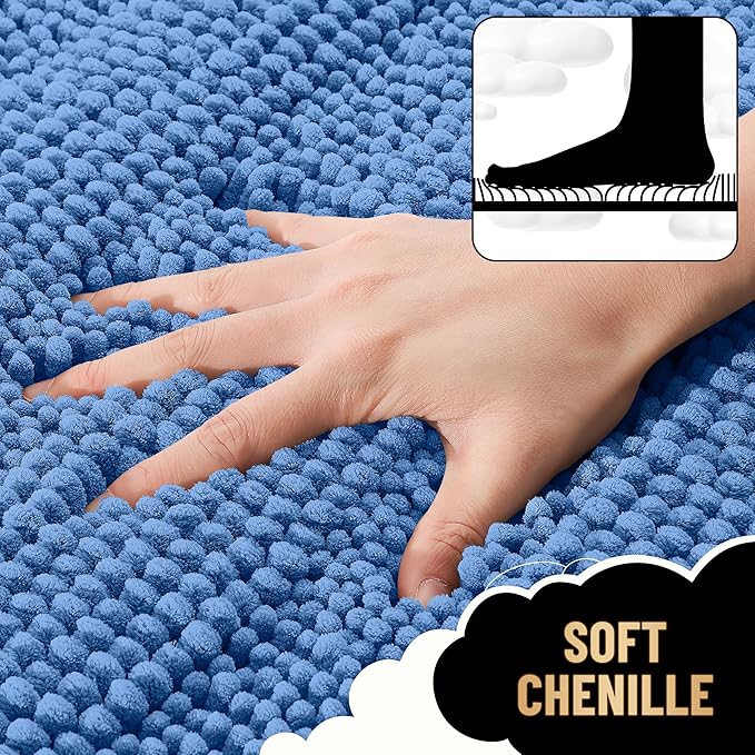 OLANLY Thick Bathroom Rugs 30x20, Extra Soft Absorbent Chenille Striped Bath Rugs, Rubber Backing, Machine Wash, Bath Mats for Bathroom Floor, Tub and Shower, Home Decor Accessories, Cornflower Blue