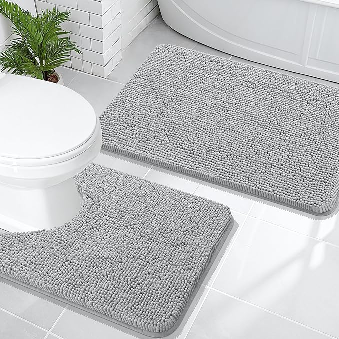 OLANLY Bathroom Rugs Sets 2 Piece, Soft Absorbent Chenille Bath Mats and U-Shaped Contour Toilet Mat Area Rug Set, Machine Washable Bath Carpet, Home Decor Accessories(30"x20"+24"x20", Light Grey)