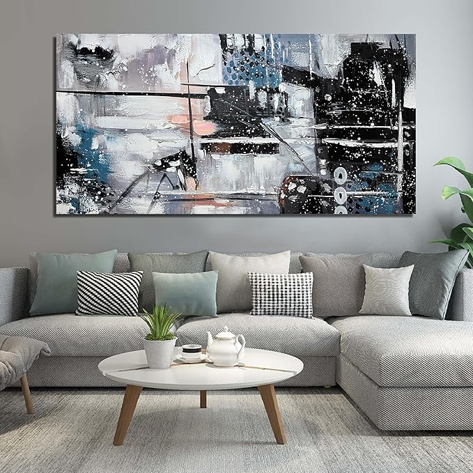 THRLVEART Abstract Painting Wall Art For Living Room Black And White Wall Decor For Office Huge Canvas Wall Art For Bedroom Size 36 x 72 Inch
