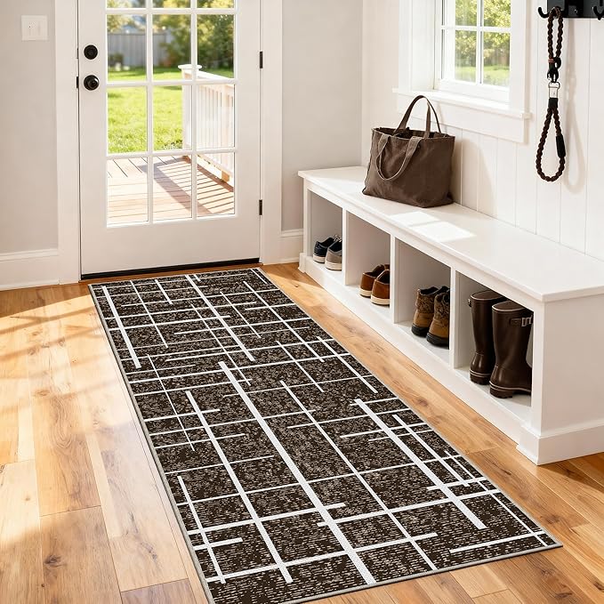 Washable Runner Rug 2x6, Brown Modern Distressed Stripe, Kitchen Runner Rug Non Slip, Woven Thin No Shed Runners for Entryway, Kitchen, Laundry Room- Brown