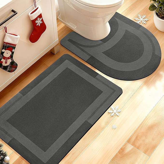 Ultra Thin Bath Mat, Upgrade Non Slip Thin Bath Mats Fit Under Door, Quick Dry Ultra Absorbent Bathroom Rugs, Machine Washable Bath Rugs for Bathroom, Grey/Bordered/24"x17"+ 24"x20" Contour Rug