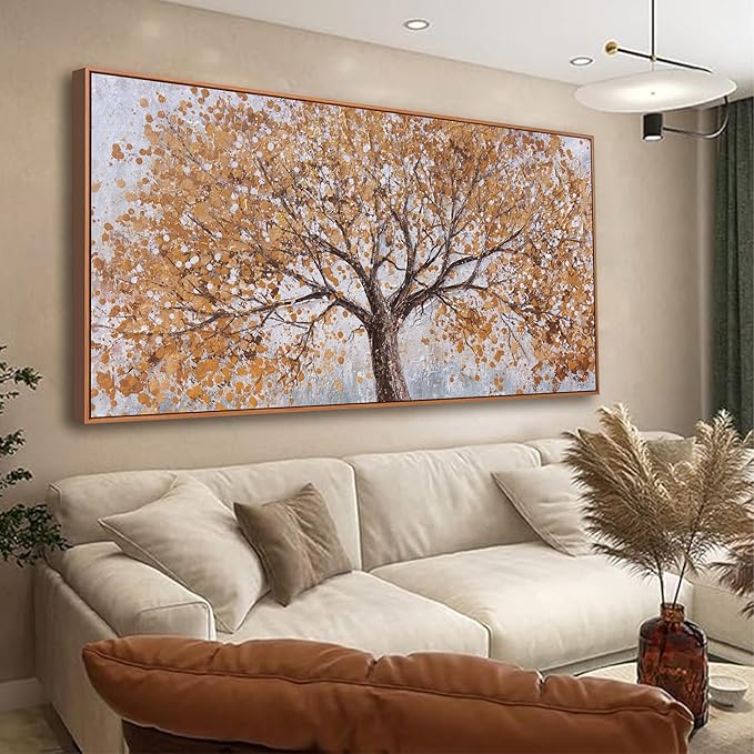 Wall Art Gold Abstract Tree Of Life Framed Artwork Canvas Painting Textured Tree Pictures Large Wall Decor For Living Room Bedroom Dining Room Home Office Decor 29"X58" With Framed