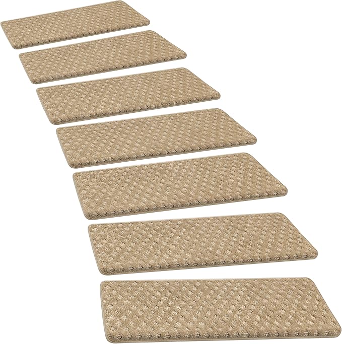 PURE ERA Bullnose Carpet Stair Treads Set Tape Free Non-Slip Indoor Stair Protectors Pet Friendly Rugs 9.5" x 30"(2 Pieces,Khaki Mini-Diamond Trellis)
