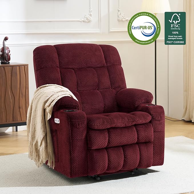 MCombo Dual Motor Power Lift Recliner Chair for Elderly, Lay Flat Lift Chair with Heat and Massage, Petite Lift Chair, Cup Holders, USB A&C Ports, Fabric 7893 (Small, Burgundy)