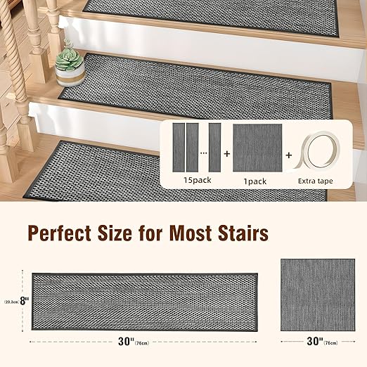 Deerly 15pcs Stairs Treads and 1 Landing Carpet, Breathable Linen Stair Carpet Non Slip for Wooden Steps Peel and Stick Stairs Runner Indoor Self-Adhesive Treads Stair Covers Mat 8"X30" and 30"X30"
