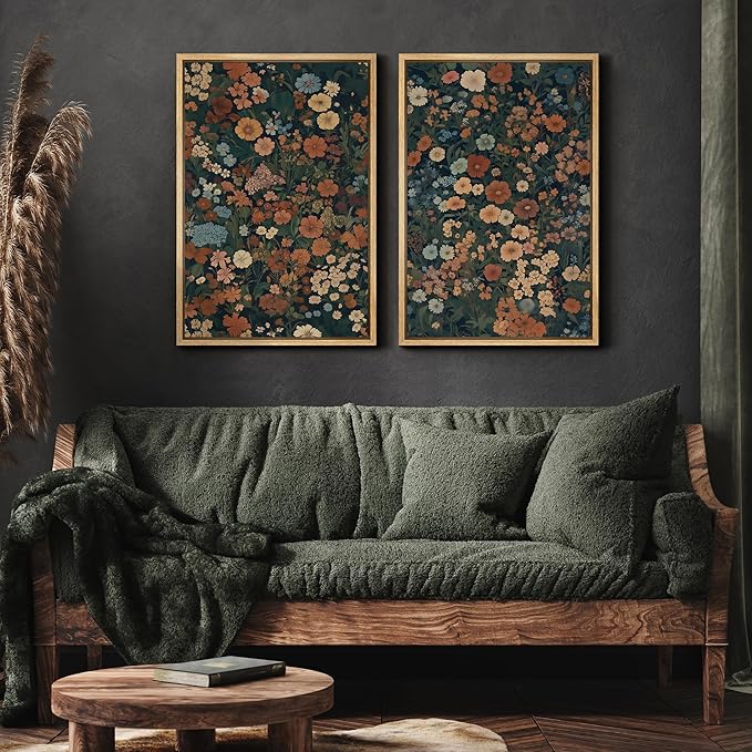 MUDECOR Framed Canvas Print Wall Art Vintage Floral Botanical Colorful Wildflowers Illustrations Modern Art Decorative Bohemian Colorful for Living Room, Bedroom, Office - 24"x36"x2 Natural
