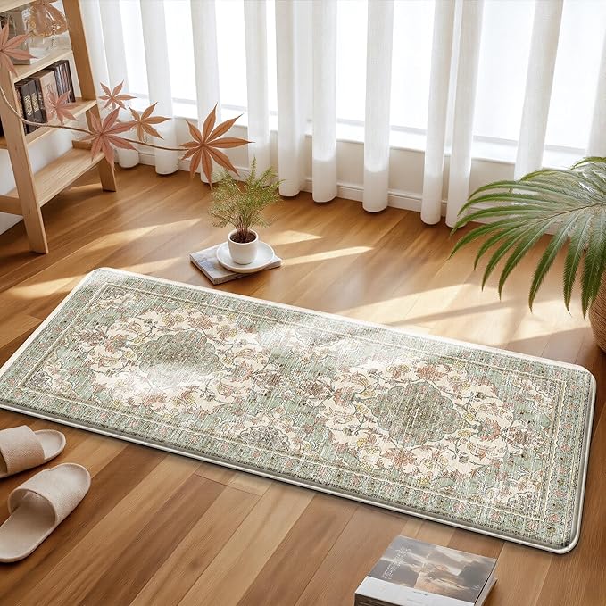 Boho Kitchen Mats for Floor 2 Piece Set Anti Fatigue Cushioned PVC Kitchen Rugs Non Slip Waterproof Farmhouse Mats 2/5 Inch Comfort Standing Mat for Sink, Laundry, 17.3"x47"+17.3"x28", Green Beige