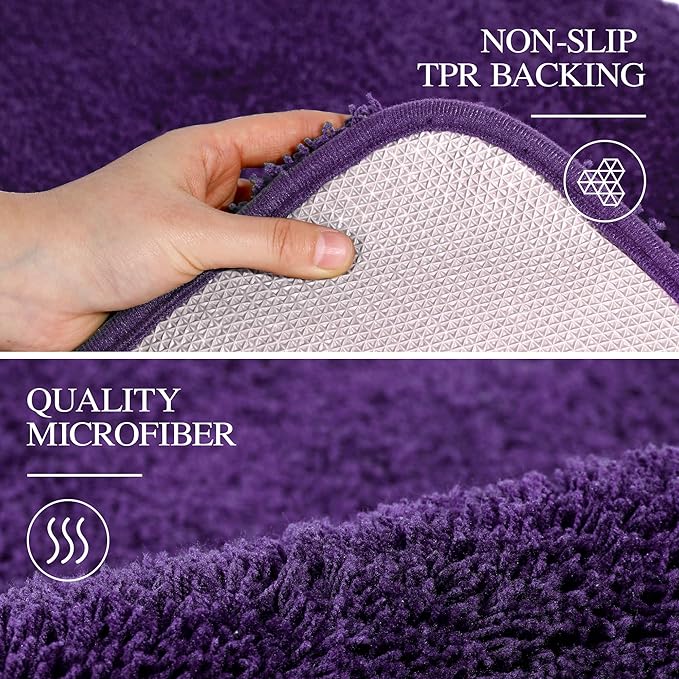 Walensee Contour Rug (20x24, Dark Purple) Non Slip Bath Mat for Bathroom - Water Absorbent Soft Microfiber Shaggy Mat Machine Washable U Shape Toilet Rug
