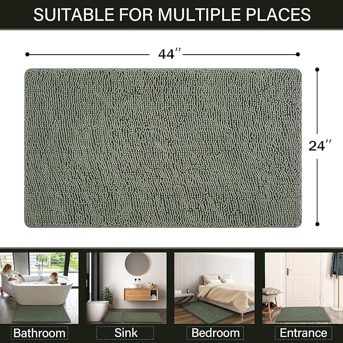 LOCHAS Luxury Bathroom Rug Shaggy Bath Mat 24 x 44 Inch, Washable Non Slip Bath Rugs for Bathroom Shower, Soft Plush Chenille Absorbent Carpets Mats, Sage Green