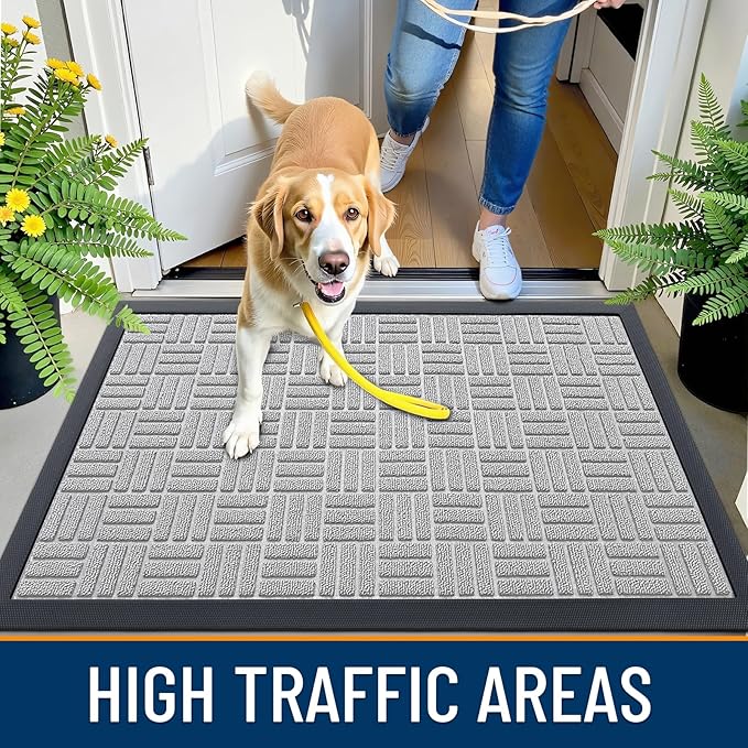 OLANLY Front Door Mat Outside Entrance 35x23, Absorbent, Heavy Duty Sturdy Natural Rubber Doormat Indoor Outdoor, Non-Slip, Stain and Fade Resistant, Low Profile Floor Mat for Entryway, Light Gray