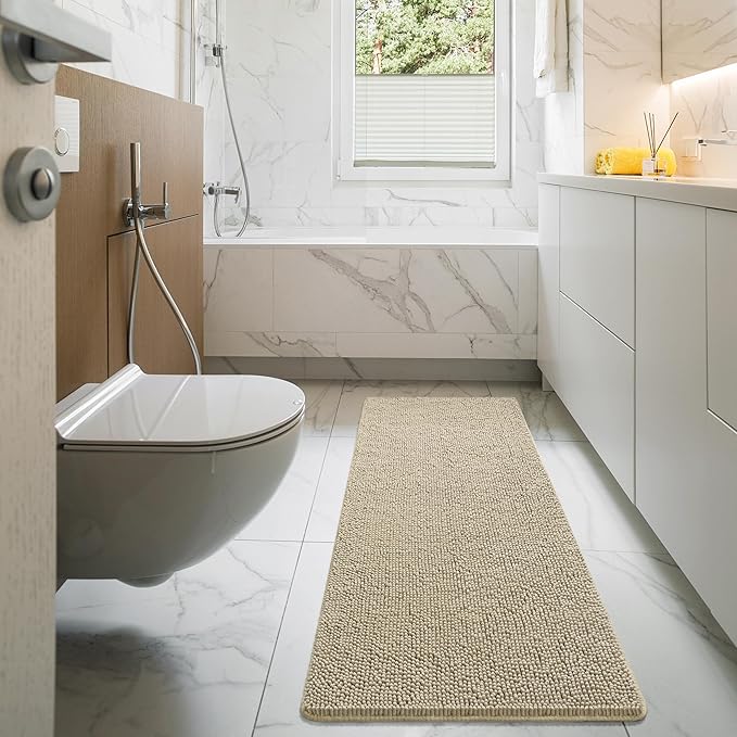LOCHAS Luxury Bathroom Rug Shaggy Bath Mat 24 x 70 Inch, Washable Non Slip Bath Rugs for Bathroom Shower, Soft Plush Chenille Absorbent Carpets Mats, Beige