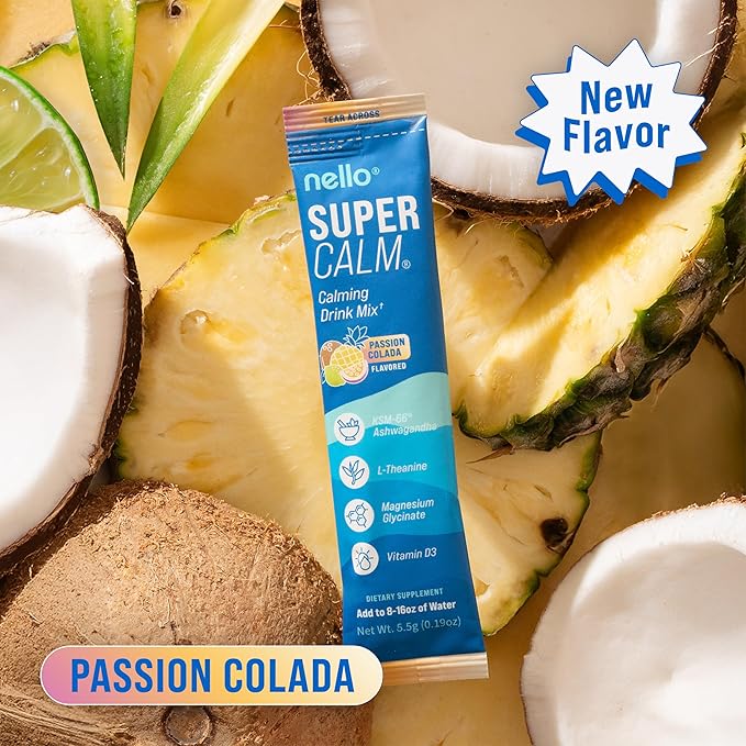 Nello Supercalm Powdered Drink Mix, Cortisol Reducer* and Sleep Aid Supplement, L Theanine, Ksm-66 Ashwagandha, Magnesium Glycinate, Vitamin D 3, No Sugar, Non GMO, On The Go, 20 Ct, Passion Colada