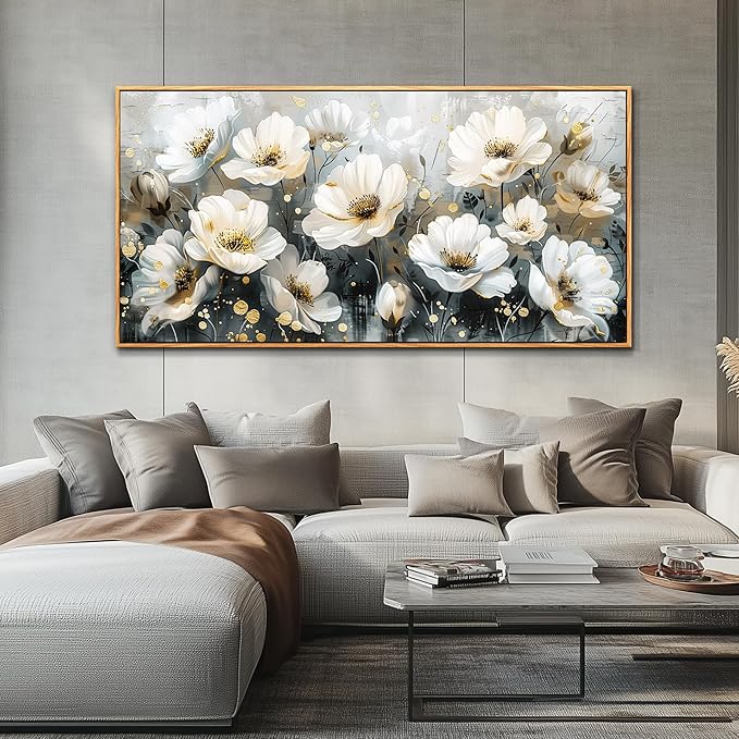 PHAOHUAXM Large Canvas Wall Decor For Living Room Wall Art For Bedroom Office Wall Decorations Print White Ink-Wash Flower-Shaped Wooden Frame Printed Artworks Posters Picture Home Decor 30"X60"