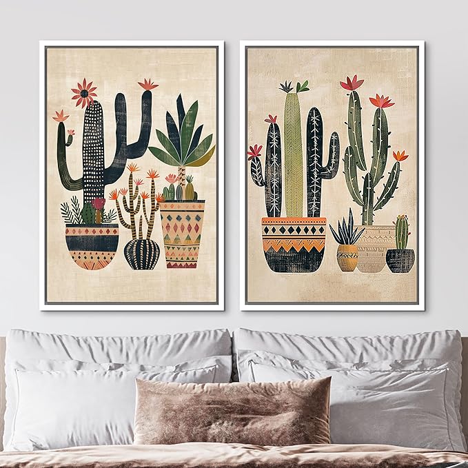 MUDECOR Framed Canvas Print Wall Art Set Mexican Cactus Tropical Botanical llustrations Modern Art Decorative Bohemian Calm/Zen for Living Room, Bedroom, Office - 24"x36"x2 White