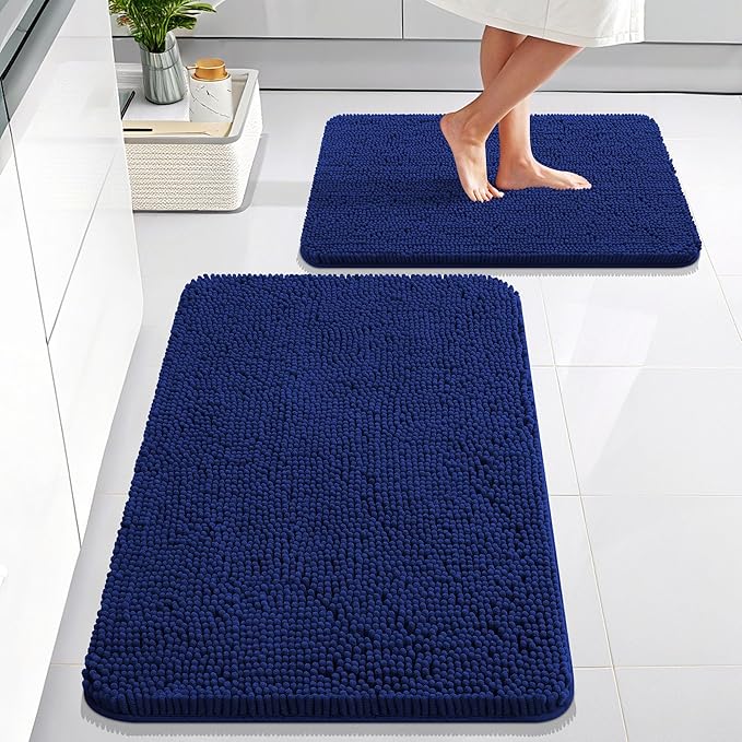 OLANLY Bathroom Rugs Sets 2 Piece, Soft Absorbent Chenille Bath Mats Area Rug Set, Non-Slip, Quick Dry, Machine Washable Bath Mats for Bathroom, Home Decor Accessories (30"x20"+24"x16", Navy)