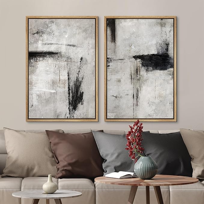 MUDECOR Framed Canvas Print Wall Art Grey Black Abstract Shape Illustrations Modern Art Decorative Bohemian Colorful Chic for Living Room, Bedroom, Office - 24"x36"x2 Natural