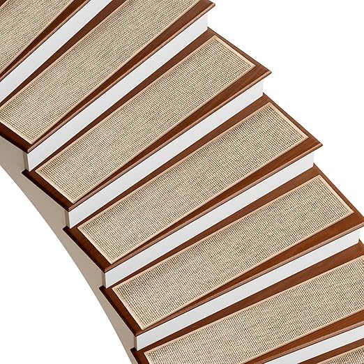 Deerly Carpet Stairs Runner Non Slip 7pcs Breathable Linen Stair Runner for Wooden Steps Peel and Stick Stairs Treads Indoor Absorbent Staircase Covers Mat with Self-Adhesive Backing 8"X30" Beige