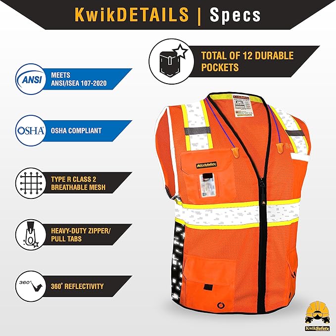 KwikSafety - BIG KAHUNA DIGITAL Safety Vest [LIMITED EDITION] Class 2 ANSI OSHA Reflective Vest Durable High Visibility Vest Construction Safety Vest for Men Industrial Work Gear/Orange XL