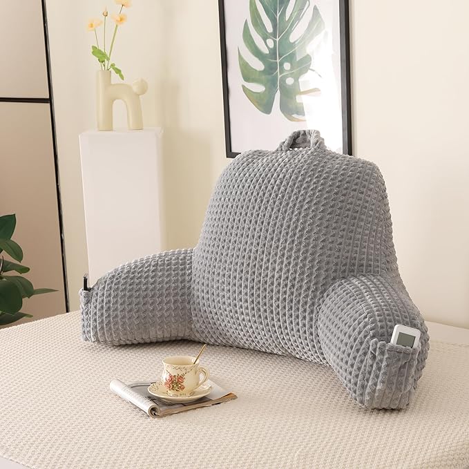 Reading Pillow for Sitting in Bed, Large Backrest Reading Pillow with Arm Rest,Back-Rest Support Cushion for Sit Up on Couch, Sofa, and Floor, Dorm Essentials (Grey Flannel, Standard(17inch))