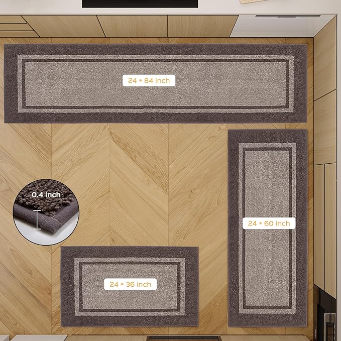Kitchen Rugs 24" x 84", Non-Slip Machine Washable Kitchen Runner Rugs Floor Mats, Absorbent Comfort Standing Mats for Kitchen, Sink, Laundry and Hallway, Rolled Packaging, Beige & Grayish Brown