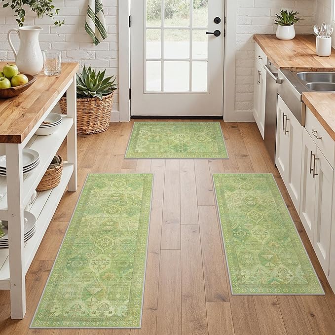 GENIMO Kitchen Mats for Floor Set of 3 Non-Slip Washable, Waterproof Lightweight Kitchen Rugs, Kitchen Floor Mat Runner Rug Carpet for Laundry, Sink, Hallway, Bathroom, Entryway, Spring Green