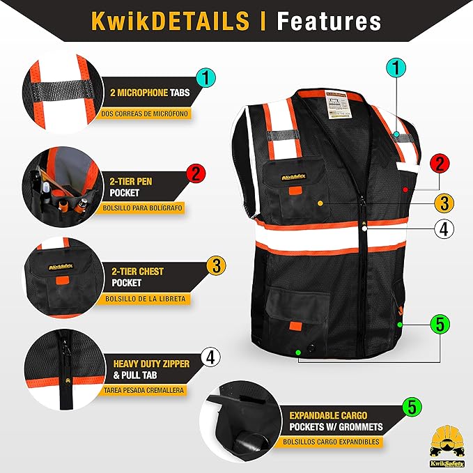 KwikSafety - Charlotte, NC - UNDERBOSS Safety Vest [11 POCKETS] Premium ANSI Class Unrated High Visibility Vest Construction Surveyor Reflective Vest Industrial Work Safety Vest for Men/Black Medium