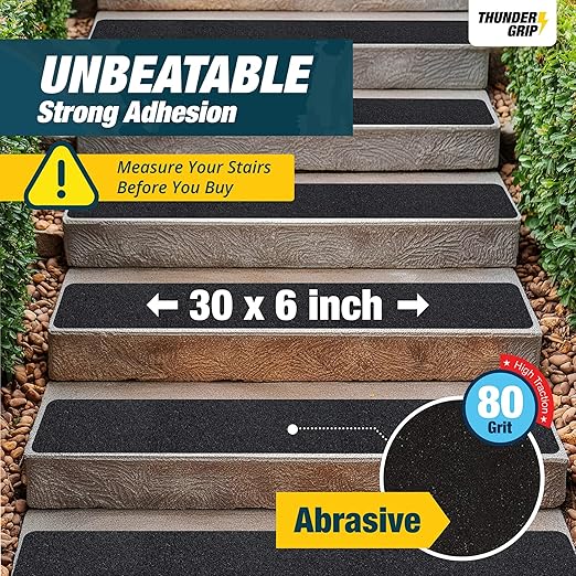 Outdoor Stair Treads - Non Slip 30" x 6" - 12-Pack Weather Resistant Exterior Grip Tape - Anti Skid Strips - Waterproof 80-Grit Adhesive Treads